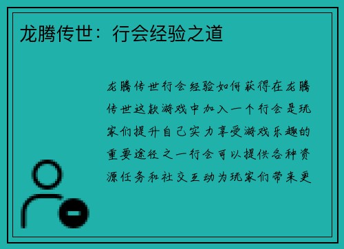 龙腾传世:行会经验之道